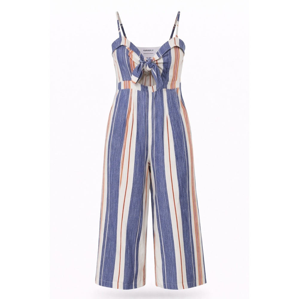Forever 21 White Blue Orange Striped Tie Front Wide Leg Jumpsuit Womens Small